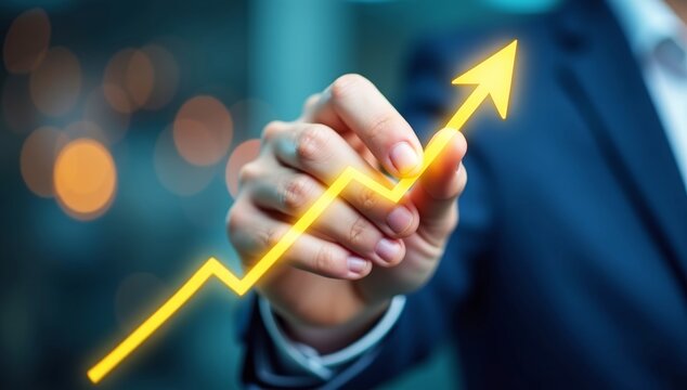 Hand holding a burning match to light up a digital business success concept on a virtual touchscreen interface