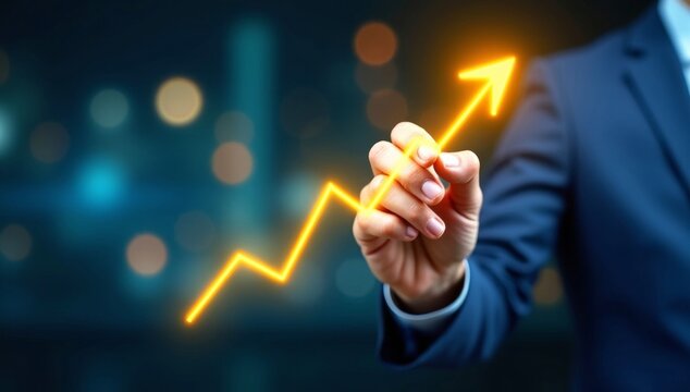 Hand holding a burning match to light up a digital business success concept on a virtual touchscreen interface - Powered by Adobe