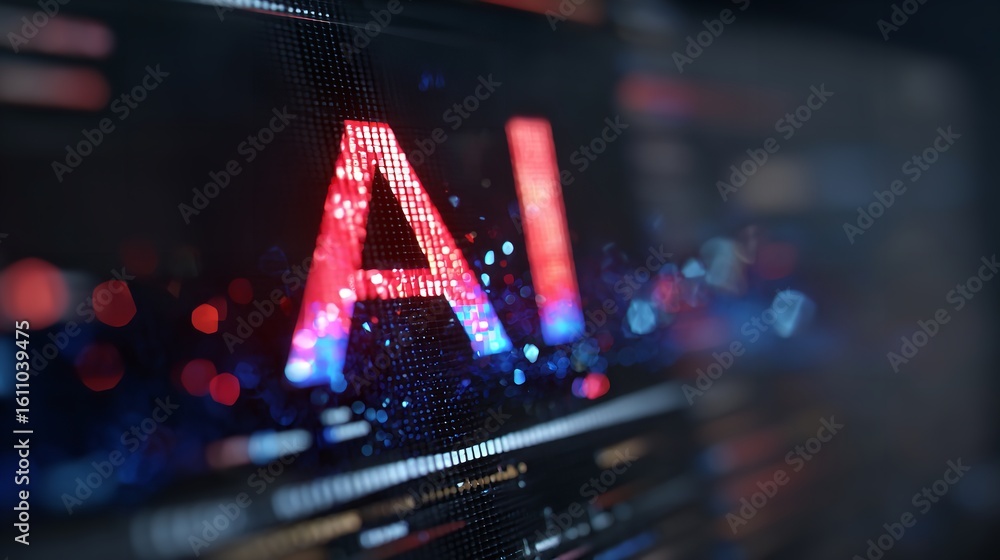Poster abstract ai digital art red blue glowing pixels futuristic technology background screen data code