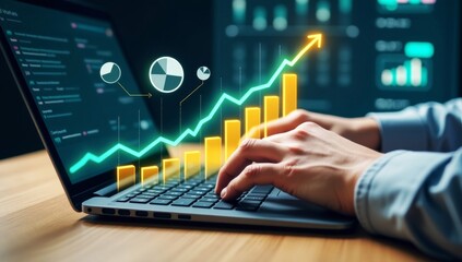 Financial data illustrating business growth is displayed on a computer screen, showing a stock market chart with an upward-trending arrow