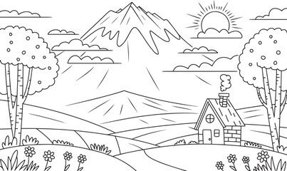 Obraz premium Scenic Mountain Landscape with Cottage and Trees Black and White Coloring Page Vector, Mountain Cabin Scene, Countryside Landscape, Sunrise Cottage View, Black White Nature Art, Coloring Page Vector