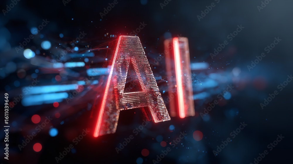 Poster artificial intelligence ai digital art red neon abstract technology background 3d data lines light