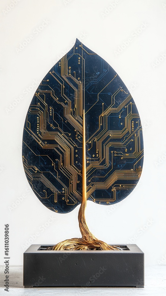 Poster nature conservation concept. abstract sculpture of a leaf made from circuit board patterns.