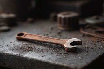 Rusty wrench on textured surface. Industrial, aged, and weathered. Perfect for projects about repair, engineering, tools, mechanics, or vintage themes.