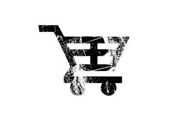 Vector Distressed shopping cart with letter E inside.