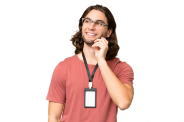 Young handsome man with ID card over isolated background thinking an idea while looking up