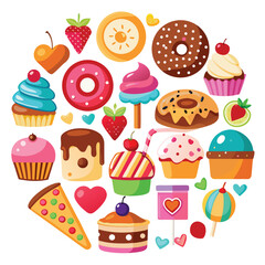 Seamless pattern with cute cartoon dessert icons: a delightful set of cakes, cupcakes, and sweets perfect for a birthday party or bakery design