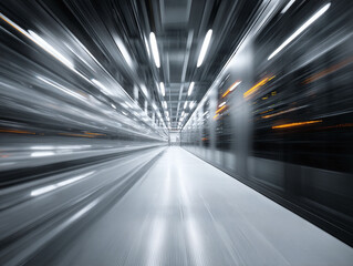 Abstract image of blurred lights in a modern space. Evokes themes of speed, technology, data, and future. Perfect for backgrounds, technology articles, or creative designs.