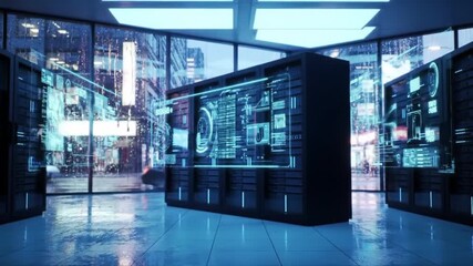 A highly advanced data server room featuring holographic interfaces and a panoramic view of a futuristic city. The scene emphasizes digital infrastructure, smart technology, and urban innovation - Powered by Adobe