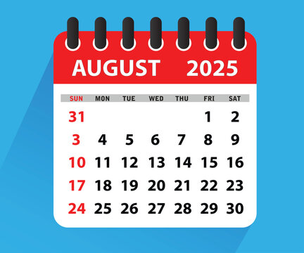 August 2025 Calendar Leaf. Calendar 2025 in flat style. August 2025 Calendar. Week starts on Sunday. Blank Calendar Template. Stationery Design. Vector Illustration