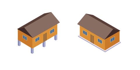 Isometric Comparison of Elevated and Non-Elevated Houses, Traditional and Modern Rural House Models in Isometric Style