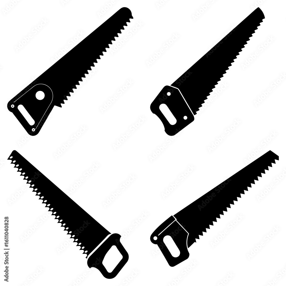 Poster four black and white hand saws arranged on a white background in a symmetrical pattern showing handl