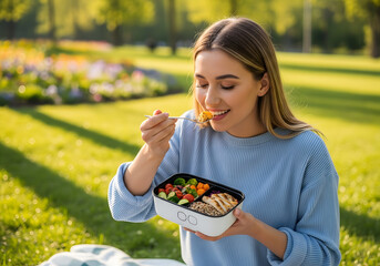 Caucasian woman in her 20s enjoying a healthy meal outdoors from an eco-friendly container