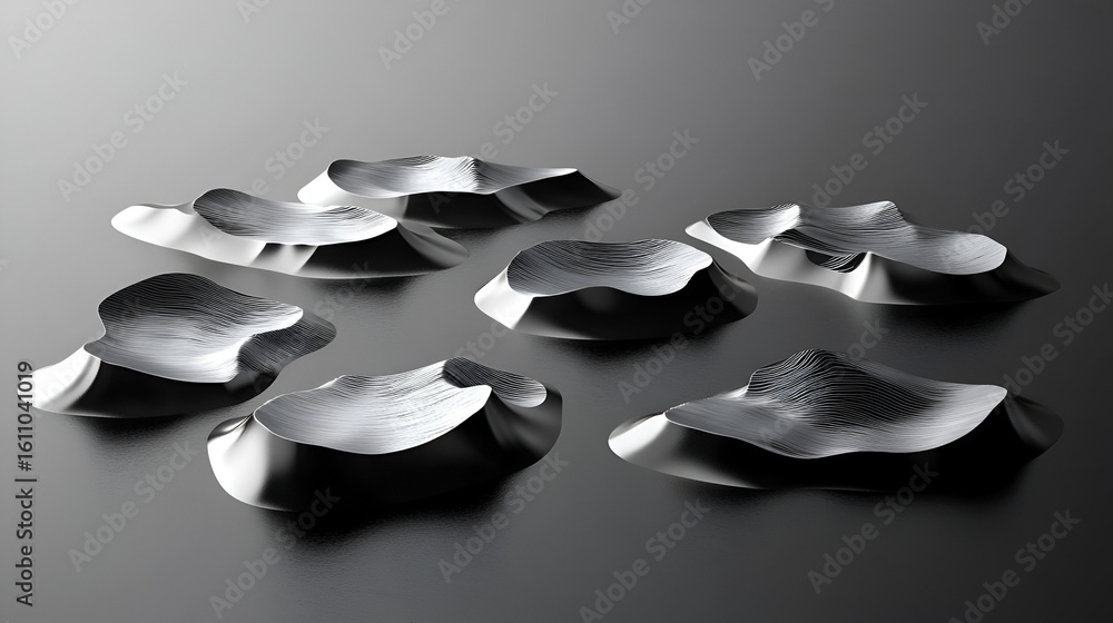 Poster seven chrome layered wave forms arranged on a gradient gray surface lit from the upper left