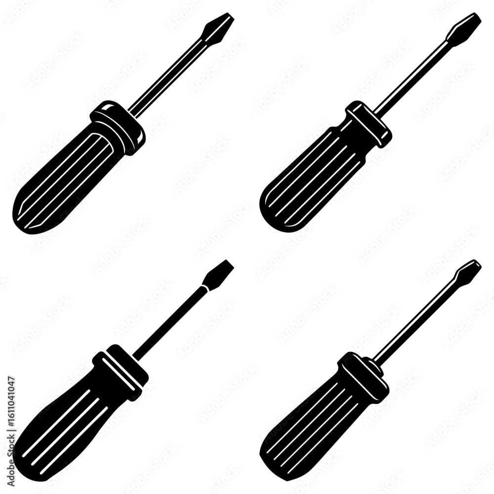 Poster four black and white screwdrivers arranged in a square pattern on a white background image view