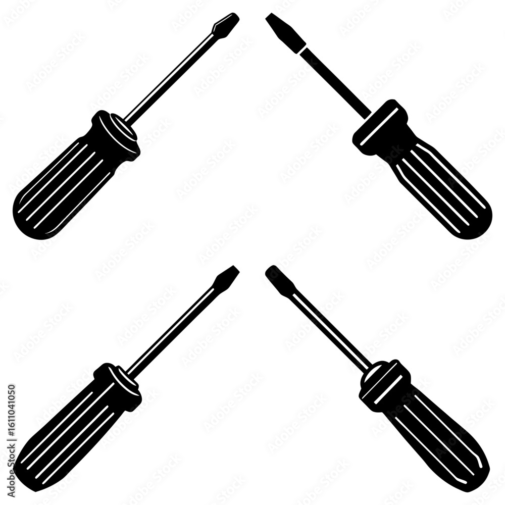 Poster four screwdrivers arranged in a symmetrical pattern with their tips pointing towards the center spac