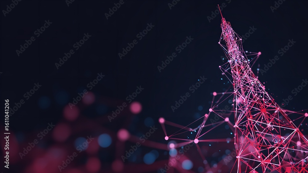 Poster abstract pink network tower digital art modern technology background 3d red web data mesh dark lines