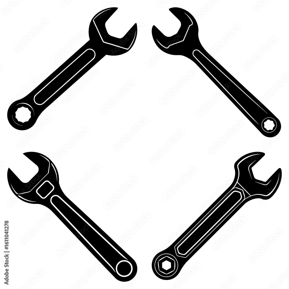 Poster four black wrenches arranged symmetrically on a white background forming a square pattern design
