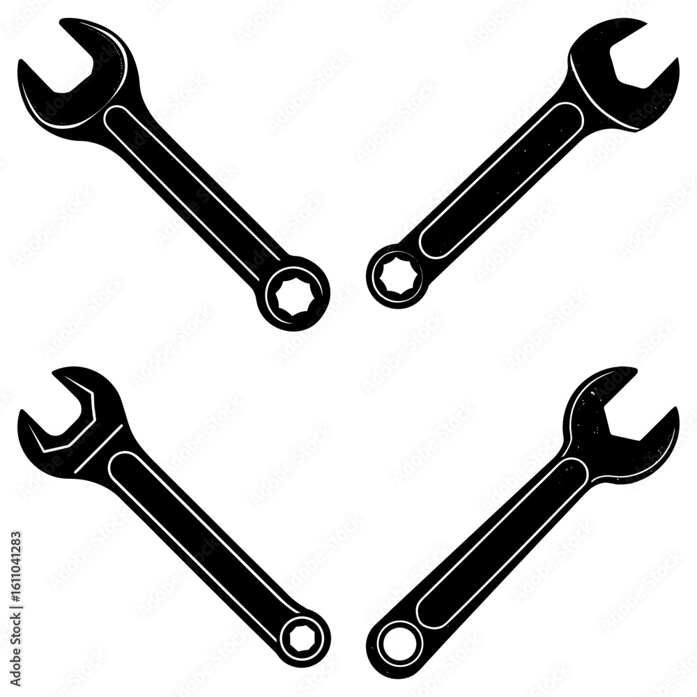 Poster four black wrenches arranged symmetrically on a white background in a simple graphic style design to