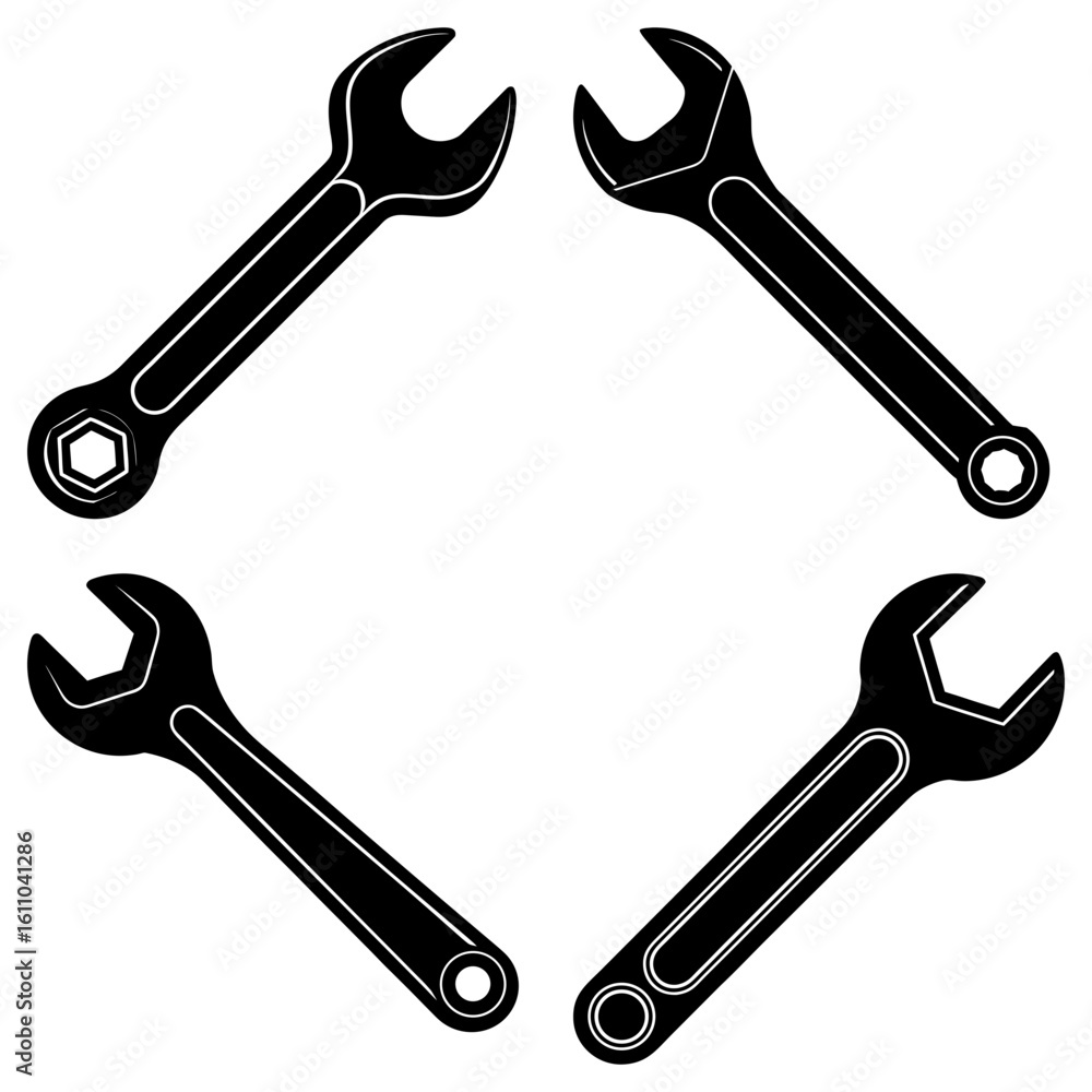 Poster four black wrenches arranged in a square pattern with open ends facing the center on a white backgro