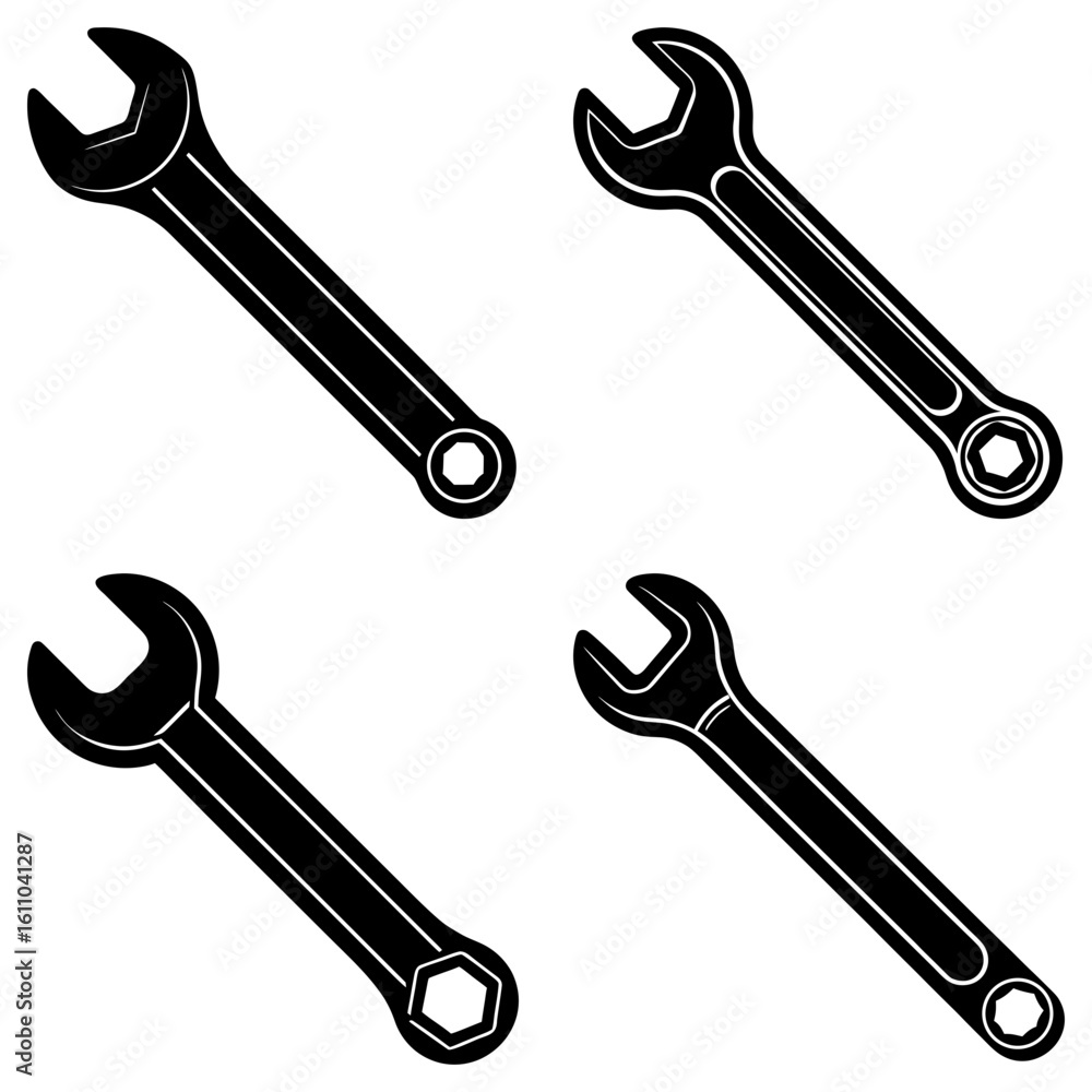 Aufkleber four black and white wrenches with different ends arranged on a white background in a square format