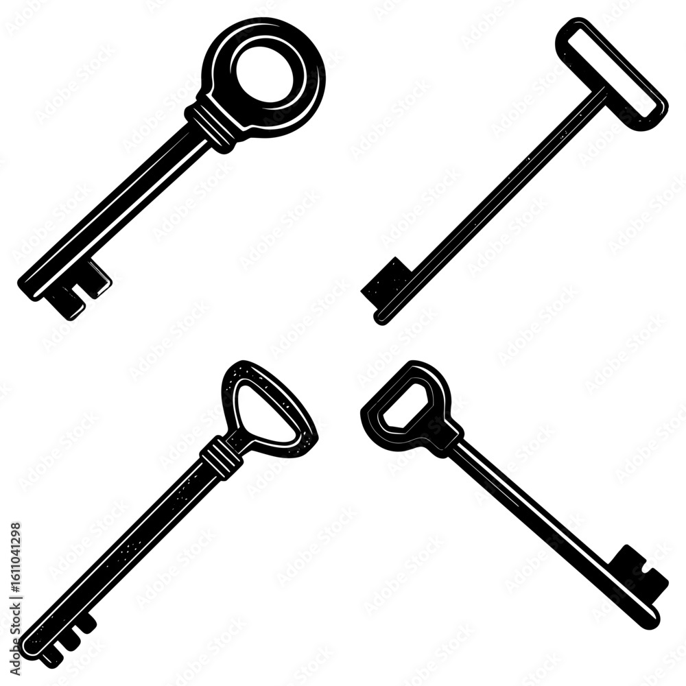 Poster illustration of four keys with different handle shapes and simple black and white design style art