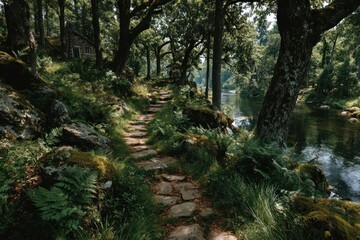 Obraz premium Nature trail walk in wildlife terrain, surrounded by foliage