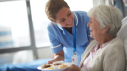 Obraz premium Caring nurse feeding an elderly patient in a hospital room