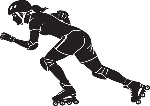 Silhouette of a determined roller derby athlete skating swiftly towards a goal