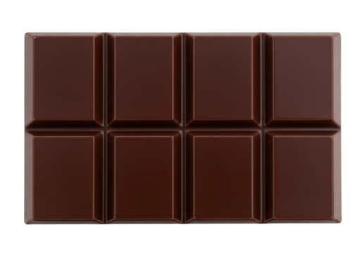 A close-up view of a dark chocolate bar with eight segments, isolated on a white background