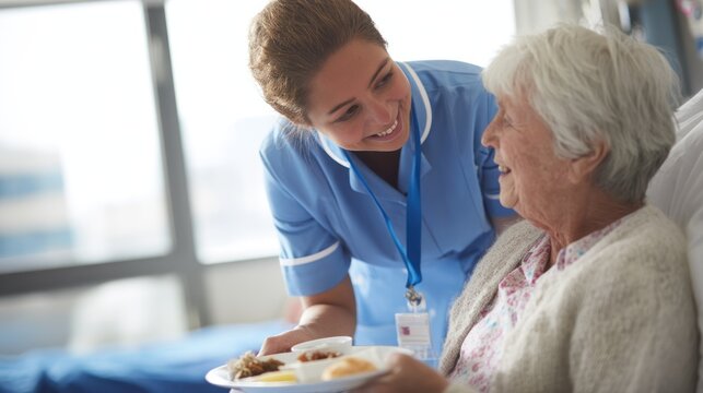 Caring nurse feeding an elderly patient in a hospital room