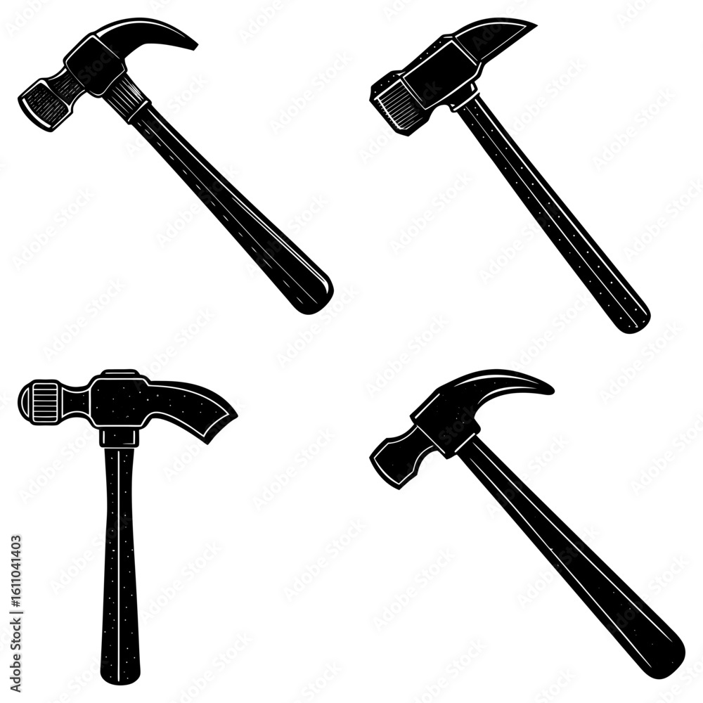 Poster four black and white hammers with different head shapes and handle styles on a white background art 