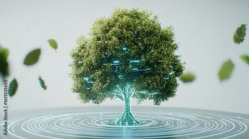 Poster nature conservation concept. digital tree with floating leaves and concentric circles below.