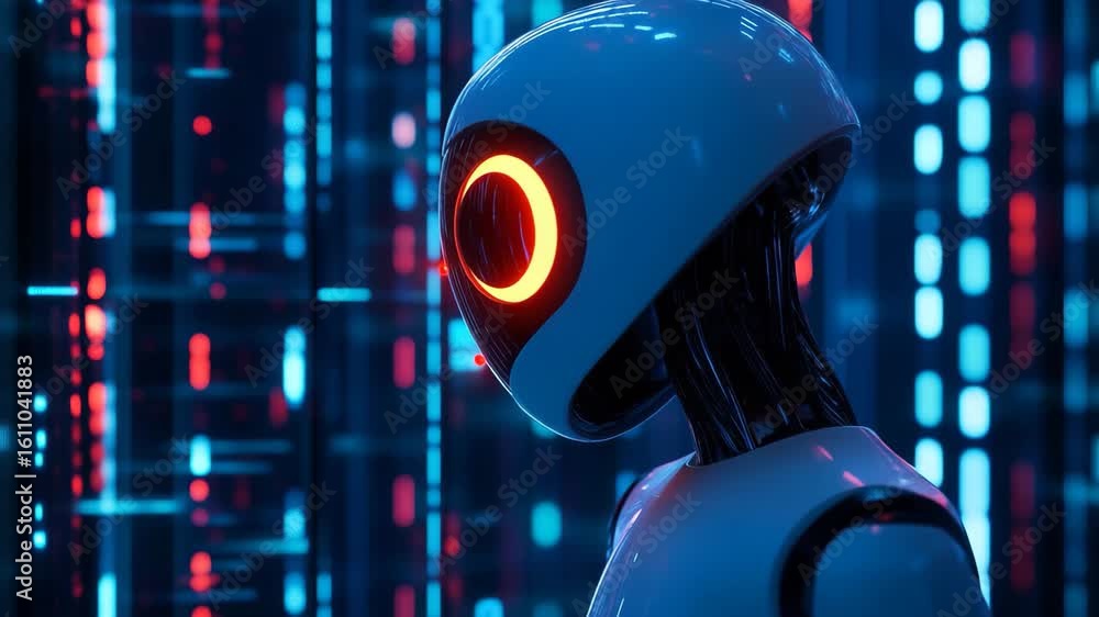 Poster witness a fascinating robot illuminated with bright colors, showcasing advanced artificial intellige