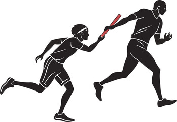 Fototapeta premium Relay race runners in black and white silhouette passing the baton during competition