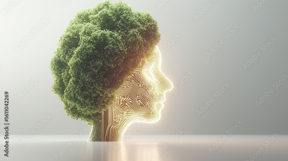 Poster nature conservation concept. abstract profile with a leafy head and digital circuitry integration.