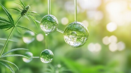 nature conservation concept. Botanical illustration with molecular structures and greenery background.