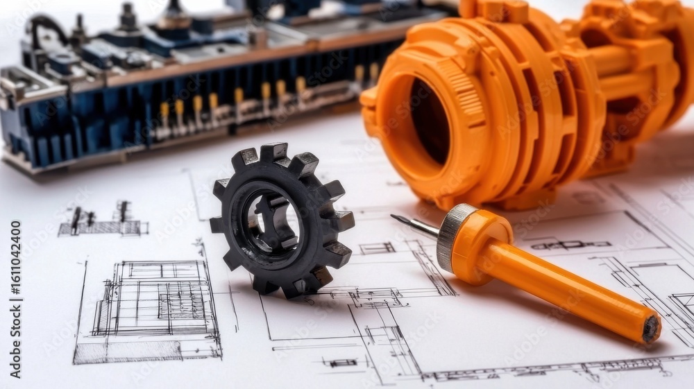 Poster mechanical parts and a circuit board placed on technical engineering blueprints, depicting design an