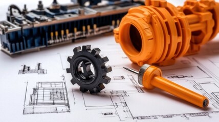 Mechanical parts and a circuit board placed on technical engineering blueprints, depicting design and innovation in machinery.
