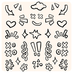 Playful Hand-Drawn Doodle Kit Hearts, Stars, Clouds and Emoticons