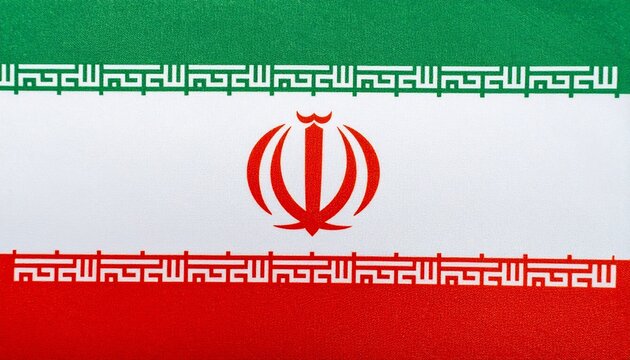Flag of Iran—horizontal tricolor of green, white, and red, featuring a stylized red emblem of “Allah” at the center and Kufic script borders repeating “Allah Akbar,” symbolizing Islamic faith, unity, 