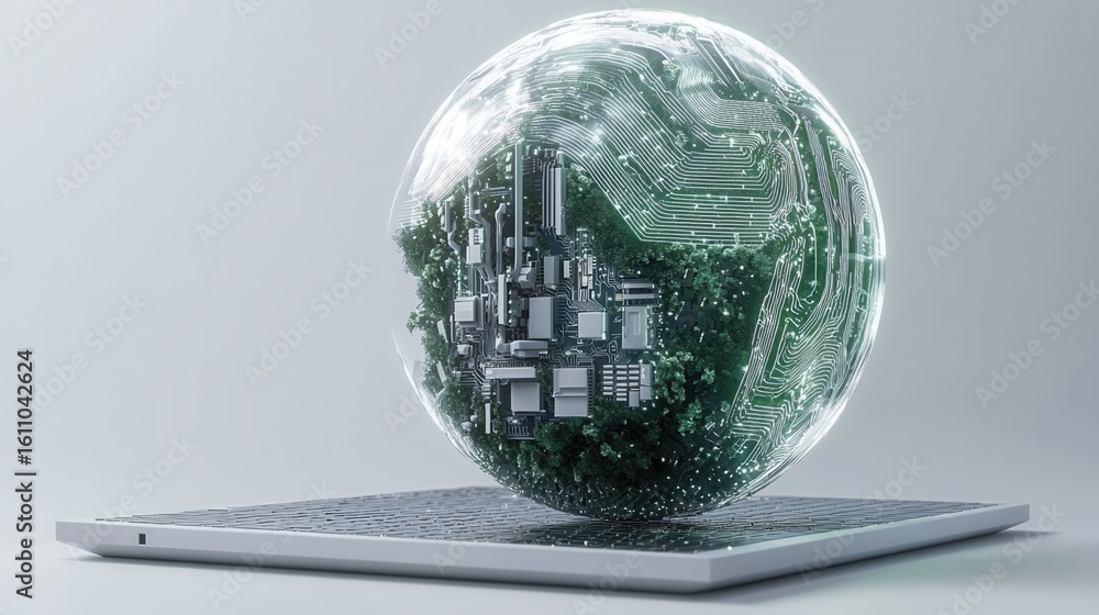Poster nature conservation concept. 3d globe composed of circuit patterns and foliage on a laptop base.