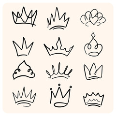 Variety of Hand-drawn Crown Doodles and Royal Emblems