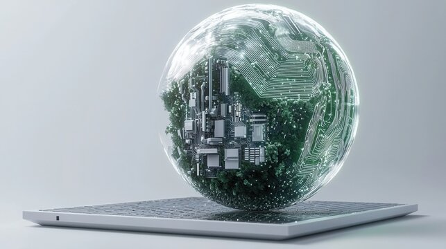 nature conservation concept. 3D globe composed of circuit patterns and foliage on a laptop base.