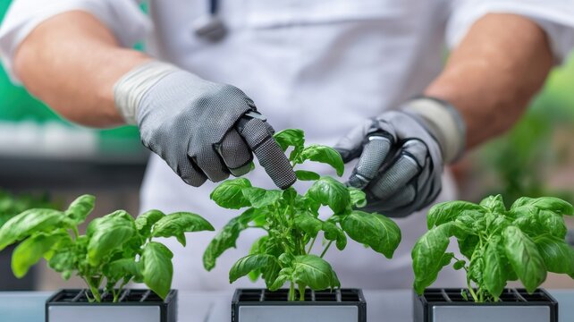 Person wearing gloves carefully tending to young basil plants in small pots, focusing on plant health and growth.
