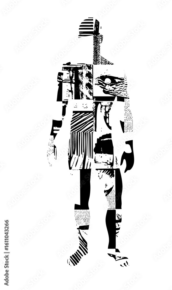 Poster vector abstract robotic figure composed of geometric shapes.