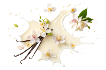 Creamy vanilla bean splash with orchids isolated on transparent background