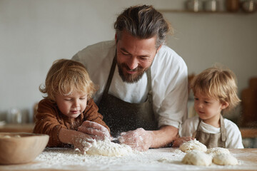 Heartwarming image of a father baking with his two young children. Captures family, togetherness, and learning, ideal for lifestyle, food, and familyrelated content.