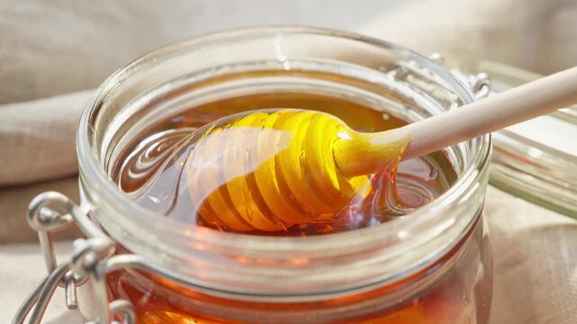 Golden honey glimmers in clear glass jar, reflecting warm light. Wooden dipper stirs gently, creating ripples in sweet liquid. Honey dripping from wooden honey spoon