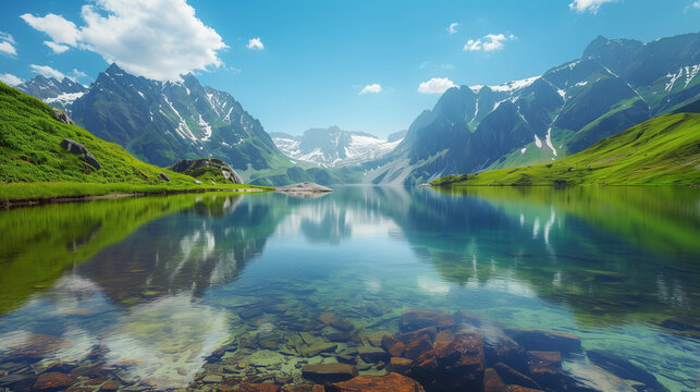 Idyllic summer landscape with clear mountain lake in the Alp